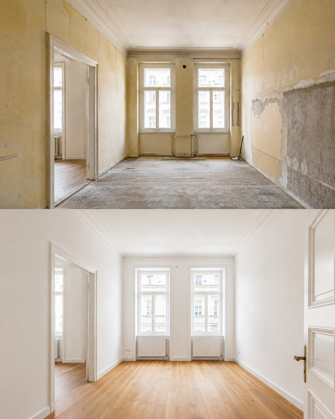 Vorher und Nachher einer renovierten Altbauwohnung